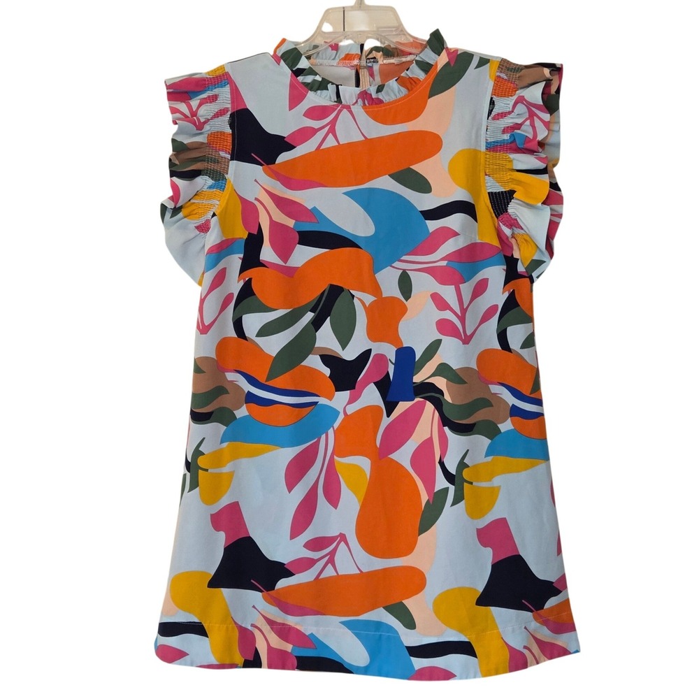 Jodifl Abstract Botanical Print Ruffle Neck Shift Mini Dress Large Multi Color - Picture 2 of 11
